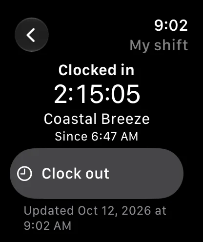 My shift on Apple Watch: clocked in at Coastal Breeze, with a Clock out button