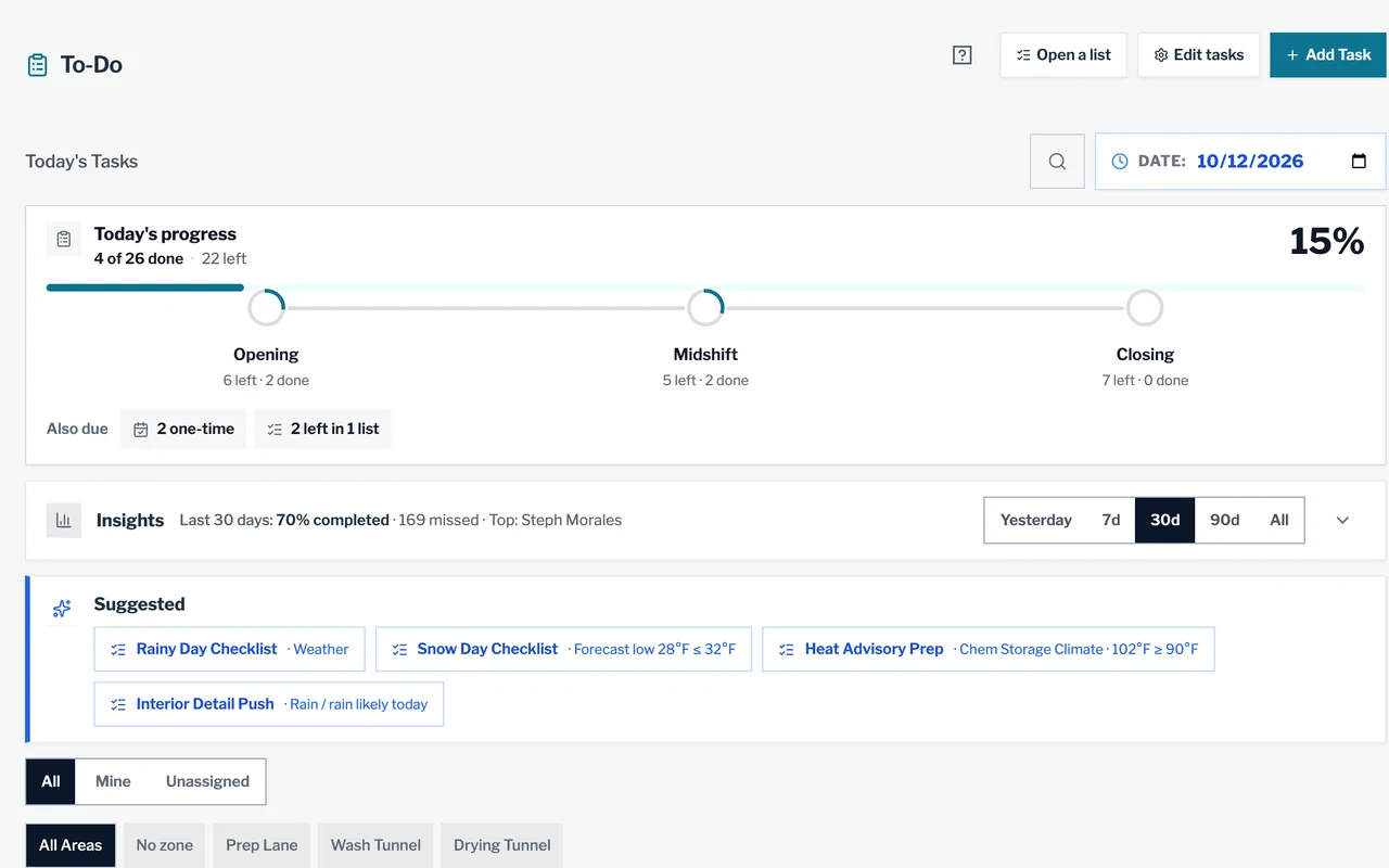 The web app’s To-Do for Main Street: 4 of 26 tasks done, with opening, midshift and closing progress