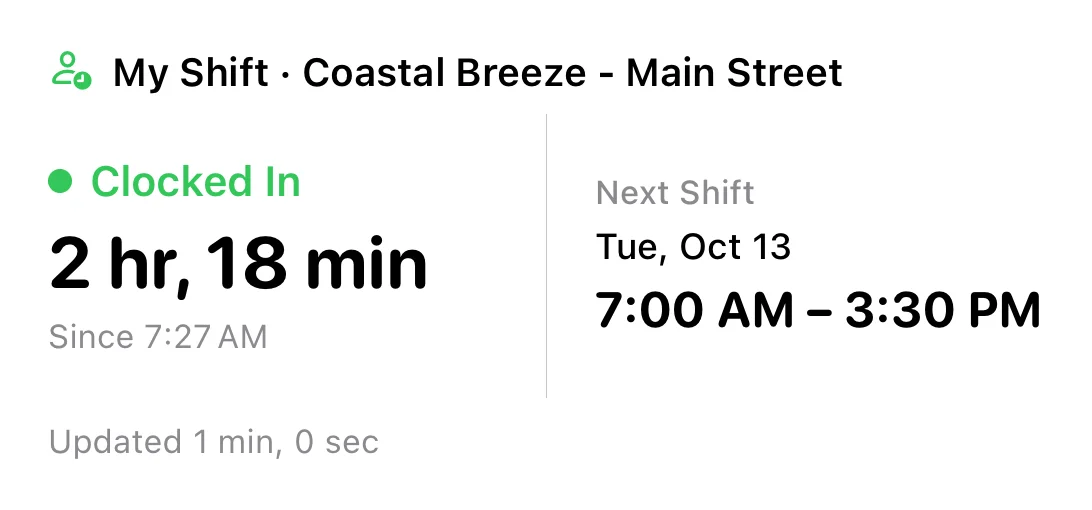 The My Shift widget: clocked in for 2 hours 18 minutes, next shift Tuesday 7:00 AM to 3:30 PM