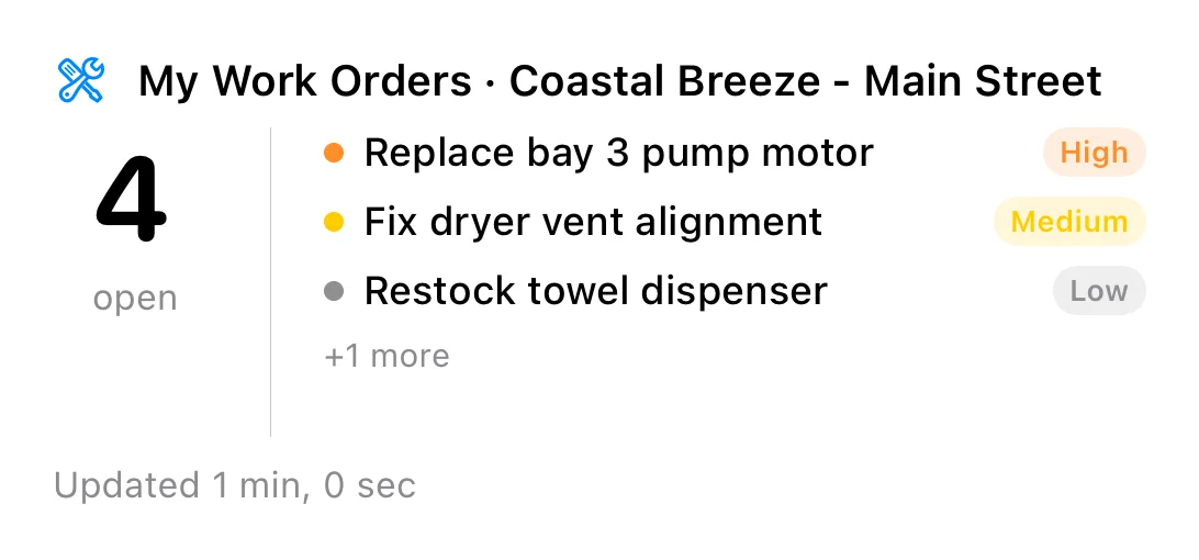 The My Work Orders widget: 4 open, led by Replace bay 3 pump motor