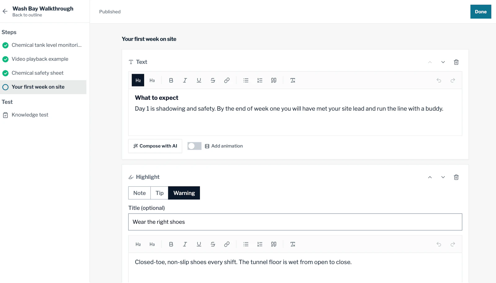 The LearnConsole lesson builder: the Your first week on site lesson of Wash Bay Walkthrough, with a text section, Compose with AI, Add animation and a Warning highlight.