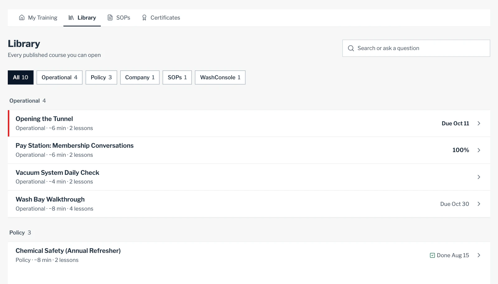 The LearnConsole Library: every published course by category, with due dates, progress and lesson counts.