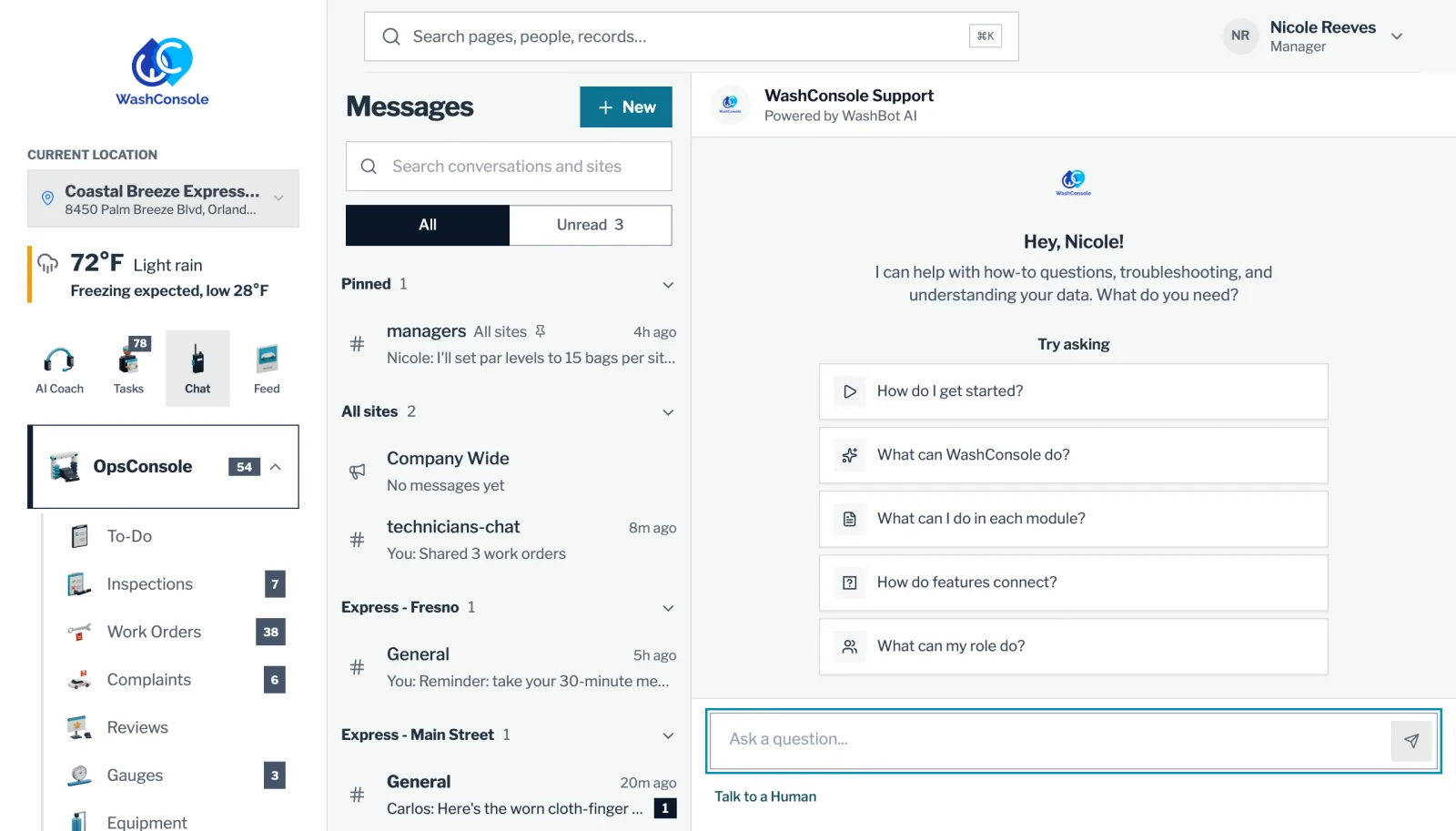 Messages in ChatConsole, with the WashBot help desk open beside the channels