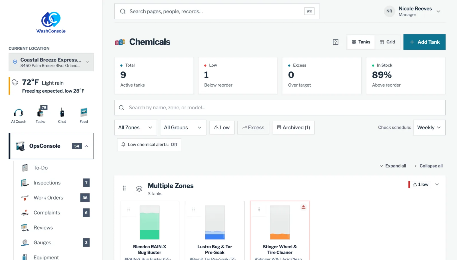 ChemConsole on the web: chemical tank levels and reorder status