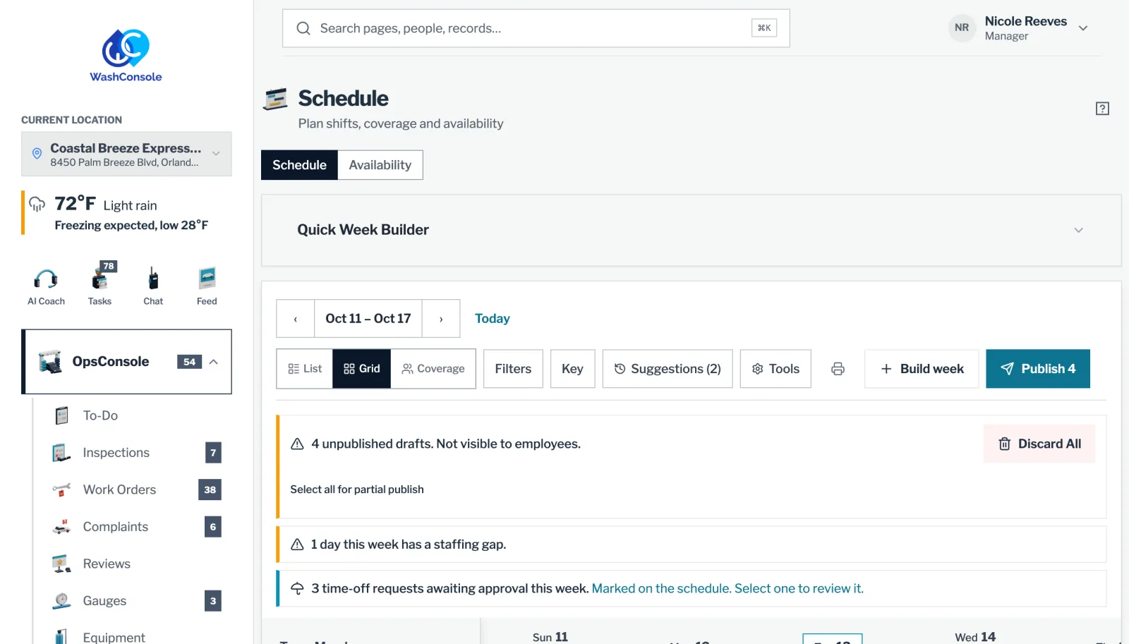 The week's schedule on the web, with unpublished drafts, staffing gaps and time-off requests flagged